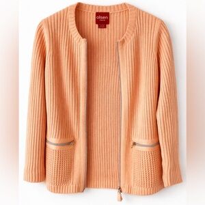 OLSEN EUROPE Zip Front Cardigan Peach | Ribbed Knit | Size 6